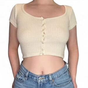 Brandy Melville Cream Button Up Ribbed Cropped baby tee size small